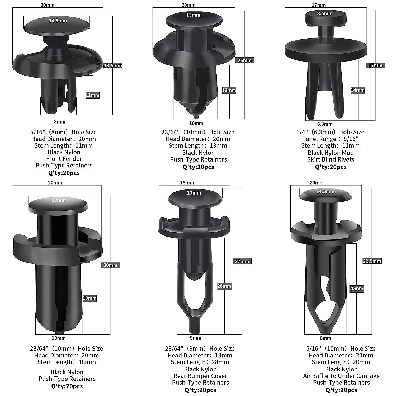 KCRTEK 120 pcs 6.3mm 8mm 9mm 10mm Nylon Bumper Push Fasteners,Bumper Clips with Fastener Removal Tool - Image 7